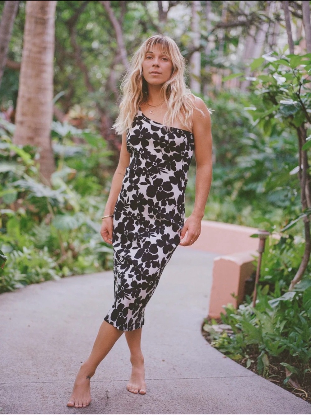 Volcom Black and White Floral One-Shoulder Midi Dress
